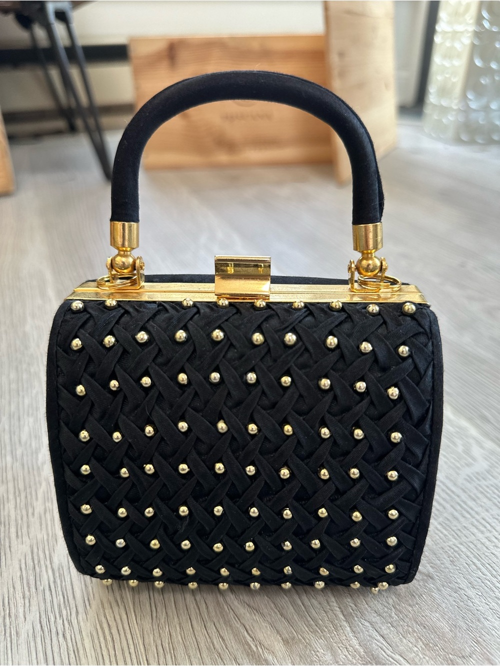 Black Gold Lattice Studded Box Handbag Mini Crossbody Purse with Removable Chain